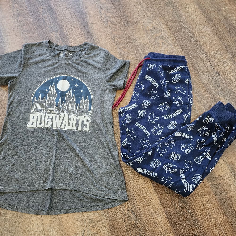 Gray Hogwarts T-Shirt and Blue Slytherin Pajama Set
